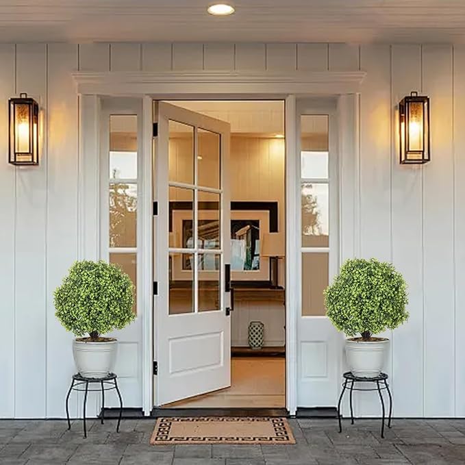 THE BLOOM TIMES 2ft Faux Boxwood Plants Outdoor Set of 2, 24" UV-Resistant Artificial Topiary Ball Trees, Fake Potted Greenery for Front Porch Planter, Patio Outside Decor