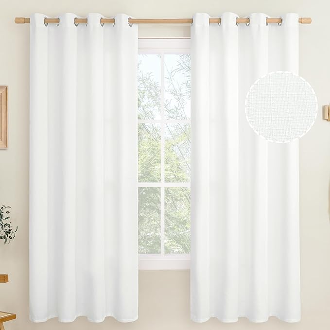 LAMIT White Linen Curtains 72 inch Long for Bedroom, Grommet Thick Light Reducing Thermal Light Filtering Curtains Window Panels for Living Room/Farmhouse, Set of 2 Panels, W52 x L72