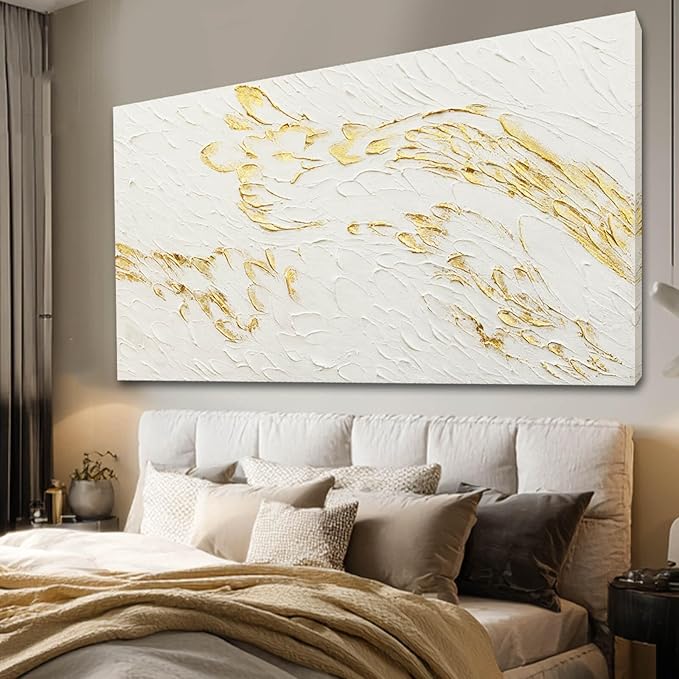 SOUGUAN Textured Walls Art White and Gold Wall Decorations Contemporary Artwork for Walls 29"x58" Canvas Paintings for Living Room Dining Room