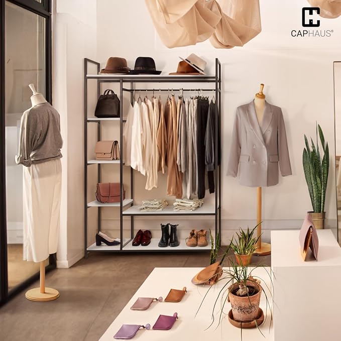 CAPHAUS 979lbs Capacity Garment Rack for Hanging Clothes, Heavy Duty Open Wardrobe w/Hanging Rods & Fabric Drawers, Free Standing Closet Organizer, Metal Closet Rack w/White Wooden Shelves