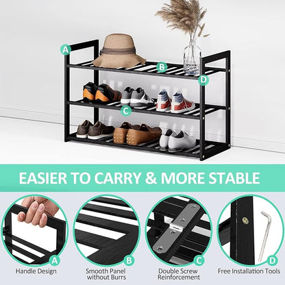 Bamboo Shoe Rack for Closet, Stackable 3 Tier Longer Shoe Organizer Shelf Holder Storage 12-15 Pairs for Entryway Door Hallway Bedroom Garage Space Saving Foldable Black