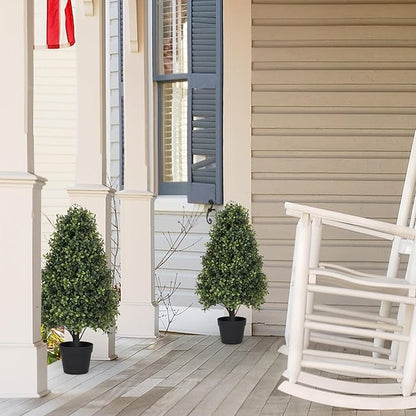 30" Boxwood Topiary Trees Artificial Outdoor Set of 2, UV Resistant Faux Plants for Front Porch Planters, Realistic Cone-Shaped Fake Bushes & Shrubs, 2.5ft Evergreen Decoration