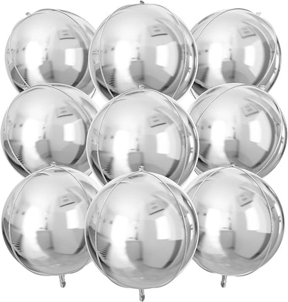 Silver Round Foil Balloons 9 pcs,Metallic Silver Giant 4D Round Balloons 22 Inch for Wedding Graduation Anniversary Baby Shower Birthday Party Decorations