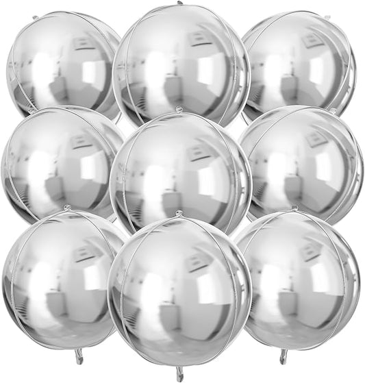 Silver Round Foil Balloons 9 pcs,Metallic Silver Giant 4D Round Balloons 22 Inch for Wedding Graduation Anniversary Baby Shower Birthday Party Decorations
