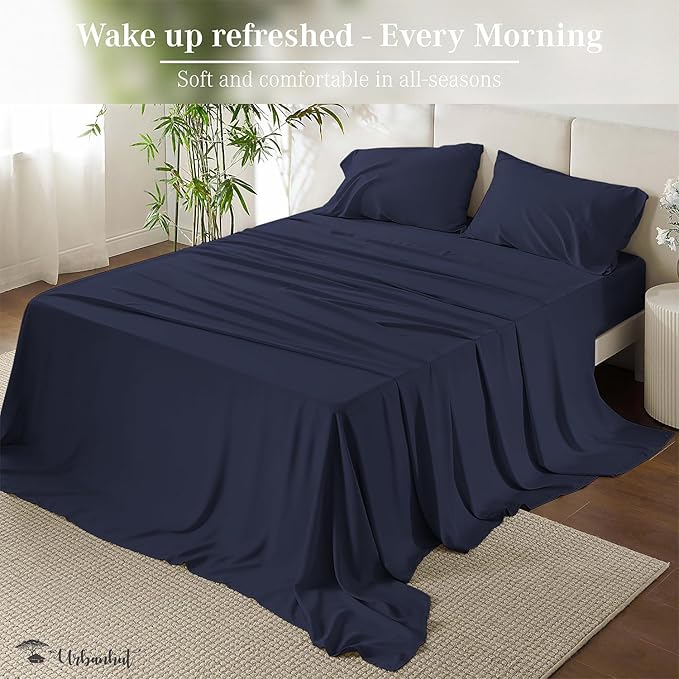 URBANHUT King Size Sheets - Egyptian Cotton, 4 Pc Bed Sheet Set, Luxury Hotel Sateen, Fits 16" Deep Pocket - Navy Blue
