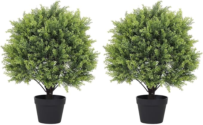 THE BLOOM TIMES 2ft Artificial Christmas Cedar Topiary Ball Trees Outdoor, 24" UV Resistant Faux Potted Plants Outside, Fake Greenery Bushes and Shrubs for Front Porch Planter Set of 2