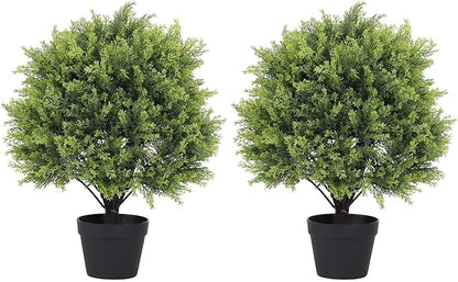 THE BLOOM TIMES 2ft Artificial Christmas Cedar Topiary Ball Trees Outdoor, 24" UV Resistant Faux Potted Plants Outside, Fake Greenery Bushes and Shrubs for Front Porch Planter Set of 2
