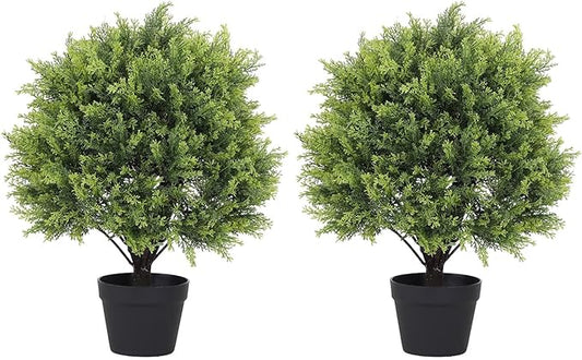THE BLOOM TIMES 2ft Artificial Christmas Cedar Topiary Ball Trees Outdoor, 24" UV Resistant Faux Potted Plants Outside, Fake Greenery Bushes and Shrubs for Front Porch Planter Set of 2