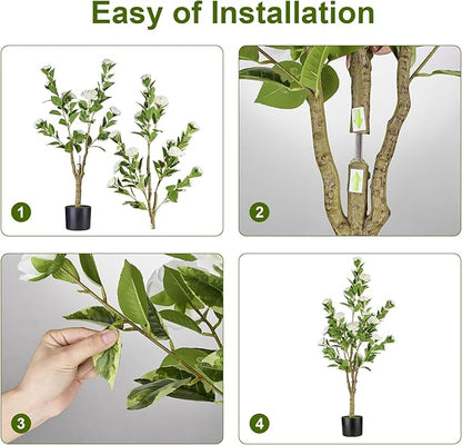 Artificial Tree 2pack, White Silk Camellia Flowers Faux Plant for Indoor Outdoor Home Decor, Realistic Potted Greenery for Office Porch Living Room-3FT