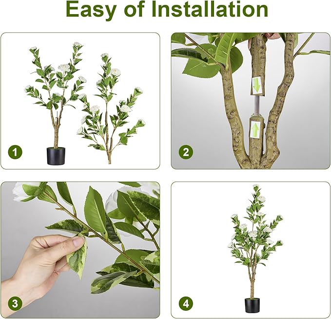 4Ft Artificial Camellia Tree 2pack, White Silk Flowers Faux Plant for Indoor Outdoor Home Decor, Realistic Potted Greenery for Office Porch Living Room