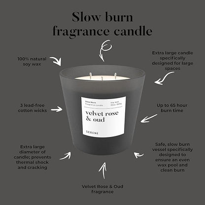 Hidden Label Large Scented Candle, Velvet Rose & Oud, 30oz 3 Wick Huge Candle, Serene Collection Slow Burn Natural Soy Candles for Home Scented