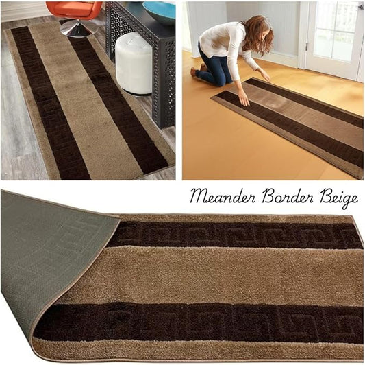 Washable Custom Size Runner Rug Meander Design Beige Brown, (2 Feet Length x 26 Inch Width) Custom Cut Slip Resistant Rubber Backing Runner Rugs, Extra Long Runner Rugs for Hallways