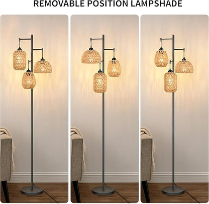 Boho Floor Lamp for Living Room Bedroom,Farmhouse Floor Lamps with 3 Rattan Wicker Shades,Rustic Black Vintage Standing Lamp Light 68" Tall Tree Floor Lamp for Office,Reading,Corner