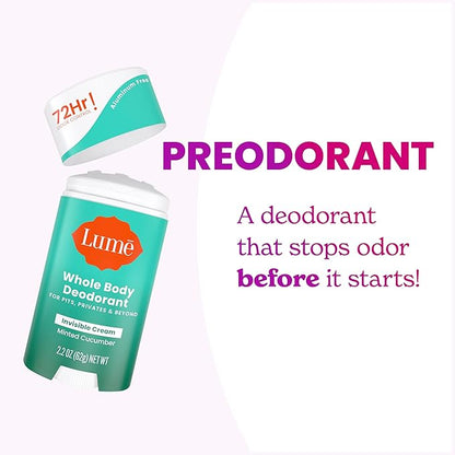 Lume Whole Body Deodorant - Invisible Cream Stick - 72 Hour Odor Control - Aluminum Free, Baking Soda Free, Skin Safe - 2.2 Ounce (Pack of 2) (Minted Cucumber)