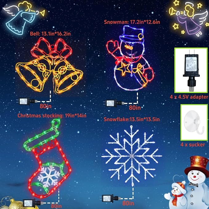 16" Christmas Window Silhouette Lights Decorations - 4 Pack Colour Lighted Snowman ＆ Christmas Stocking ＆ Bell＆ Snowflake for Holiday Wall Door Window Decorate