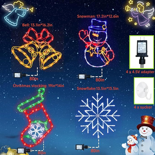 16" Christmas Window Silhouette Lights Decorations - 4 Pack Colour Lighted Snowman ＆ Christmas Stocking ＆ Bell＆ Snowflake for Holiday Wall Door Window Decorate