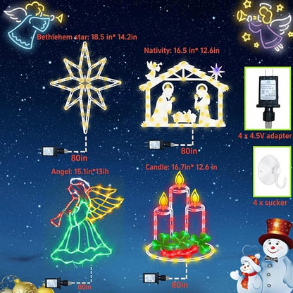 16" Christmas Window Silhouette Lights Decorations - 4 Pack Colour Lighted Angel ＆ Nativity ＆ Candle ＆ Bethlehem Star for Holiday Wall Door Window Decorate