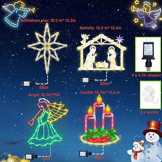 16" Christmas Window Silhouette Lights Decorations - 4 Pack Colour Lighted Angel ＆ Nativity ＆ Candle ＆ Bethlehem Star for Holiday Wall Door Window Decorate
