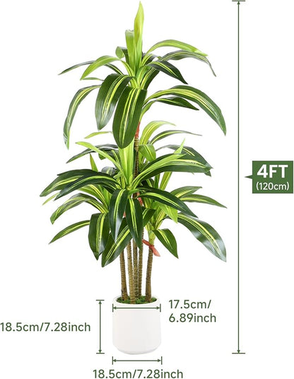 Artificial Dracaena Fake Tree 4FT, White High Pot Artificial Plants Indoor&Outdoor, Fake Plants for Office/Home/Living Room Potted Decoration, 4ft