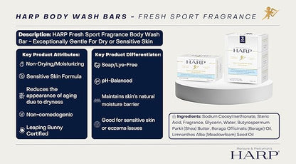 HARP pH-Balanced (5.0-6.0) Body Wash Bar. ZERO saponified oils. Protects Moisture Barrier. Gentle for Sensitive/Dry skin. + Shea Butter/Borage Oil. Non-Comedogenic. FRESH SPORT Fragrance. 5oz