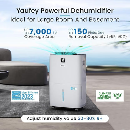 Yaufey 150 Pints Energy Star Dehumidifier for Home, Basement and Large Room up to 7000 Sq. Ft., with Drain Hose, Timer, Intelligent Humidity Control and Large Water Tank