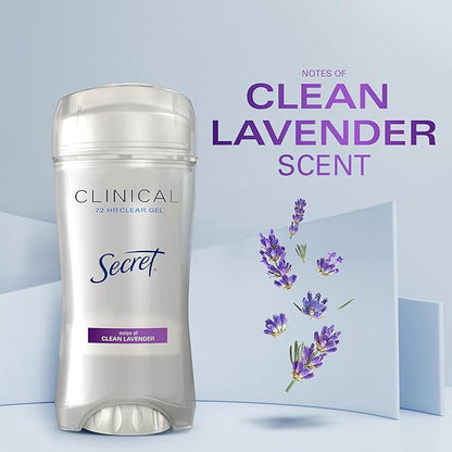 Secret Clinical Strength Antiperspirant Deodorant for Women, 3X Stress Protection, 72hr Sweat & Odor Protection, PH Balancing Minerals, Clear Gel, Clean Lavender Scent, 2.6 oz