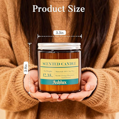 Orange Blossom and Sandalwood Candle,12.35oz Scented Candles with 8% Essential Oils,70 Hour Burn Time Soy Wax Candles for Home Decor,Reading,Jar Candle Gifts for Women and Men