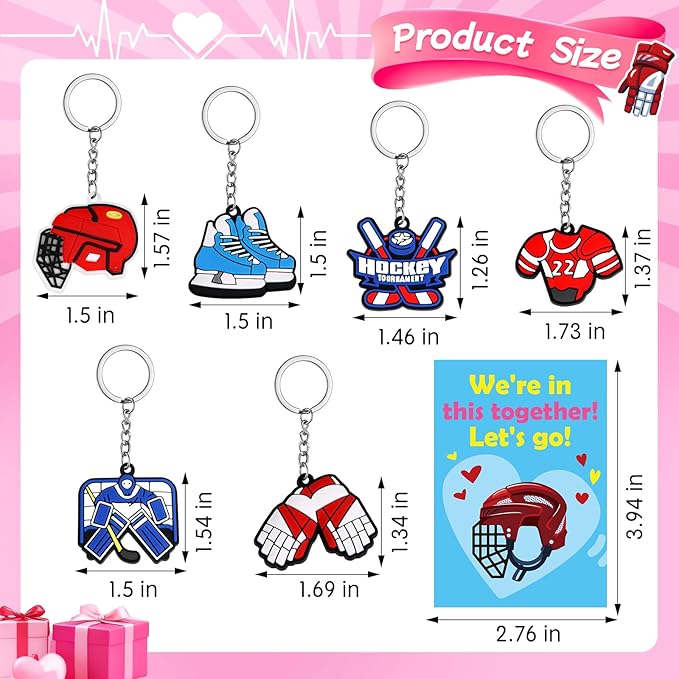 30 Pcs Valentine’s Gift Ice Hockey Keychains Bulk With Greeting Cards for Kids Sports Key Chain Party Favors School Classroom Gifts Exchange Hockey Goodie Bags Stuffers for Boys and Girls