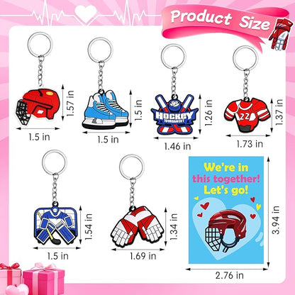 30 Pcs Valentine’s Gift Ice Hockey Keychains Bulk With Greeting Cards for Kids Sports Key Chain Party Favors School Classroom Gifts Exchange Hockey Goodie Bags Stuffers for Boys and Girls