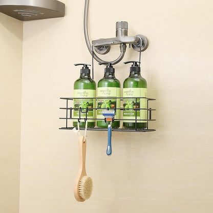 2pcs Single-Layer Shower Caddy Hanging Shower Orangizer Stainless Steel Shower Rack with Hooks Over The Door, Shampoo Basket Storage (Black)