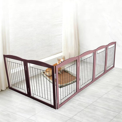ZJSF Freestanding Foldable Dog Gate for House Extra Wide Wooden Brown Puppy Gate Stairs Dog Gates Doorways Tall Pet Gate 32 "Height 6 Panels Pet Fence