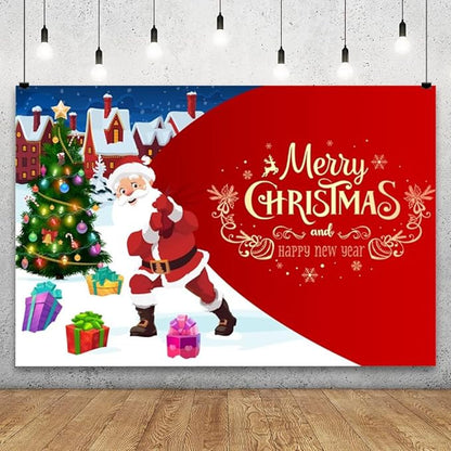 YongFoto Merry Christmas Backdrop 8x6ft Christmas Tree Santa Claus's Gift Snow Town Photography Background Happy New Year Xmas Eve Family Party Banner Room Decor Photoshoot Wallpaper Photo Booth