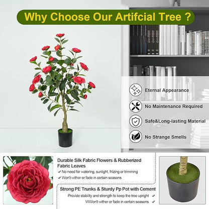 3Ft Artificial Camellia Tree 2pack, Red Silk Flowers Faux Plant for Indoor Outdoor Home Decor, Realistic Potted Greenery for Office Porch Living Room