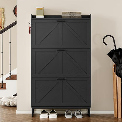 Shoe Cabinet with 3 Flip Drawers Narrow Shoe Storage Cabinet Organizer Wooden Freestanding Shoe Rack Hidden Slim Shoes Storage Cabinet for Entryway, Hallway, Living Room, Bedroom