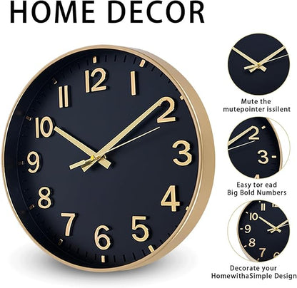 HZDHCLH Wall Clocks Battery Operated,Wall Clock Black Gold,10 inch Wall Clock Silent Non Ticking Modern 3D Numbers for Kitchen Bedroom Living Room Office Classroom Decor