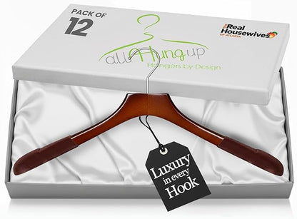 Premium Luxe Wood Coat Hangers, Wide Shoulder Wooden Jacket Hangers with Velvet Grip, Heavy Duty Luxury Hangers for Coats & Blazers, High Gloss Brown with Brown Velvet, 12 Pack