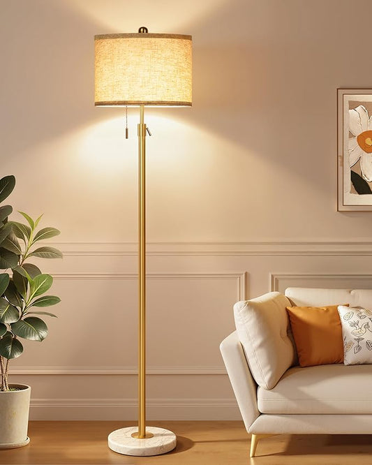 Modern Floor Lamp for Living Room - Adjustable Height Standing Lamp with Marble Base & Linen Shade, 3-Way Dimmable Tall Floor Light for Bedroom, Reading, Bulb Included
