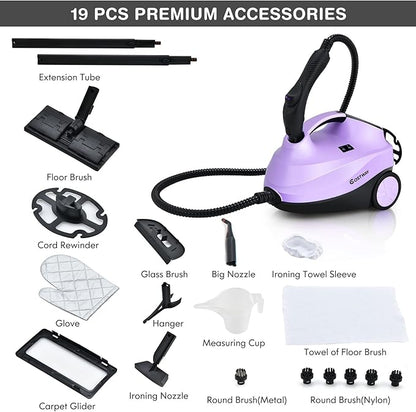 COSTWAY 2000W Multipurpose Steam Cleaner with 19 Accessories, Household Steamer w/ 1.5L Tank for Cleaning, Heavy Duty Rolling Cleaning Machine for Carpet, Floors, Windows and Cars (Purple)