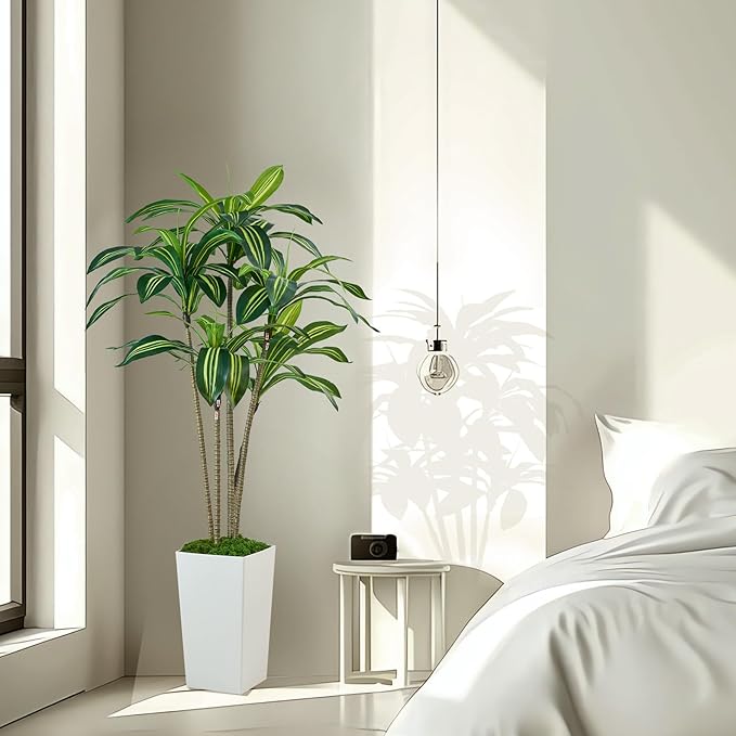 Dracaena Artificial Plants Indoor, 5FT Tall Faux Tree with White Tall Planter, Fake Yucca Tree Floor Plant, Artificial Trees for Home Office Living Room Garden Decor Outdoor, Housewarming Gift