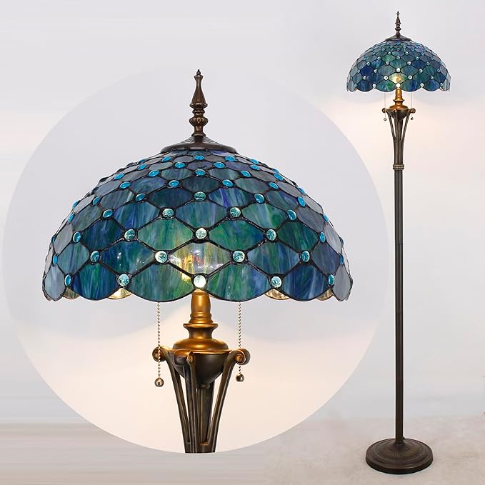 Tiffany Floor Lamp Sea Blue Stained Glass Pearl Standing Reading Light 16X16X70 Inches Antique Pole Corner Lamp Decor Bedroom Office Living Room