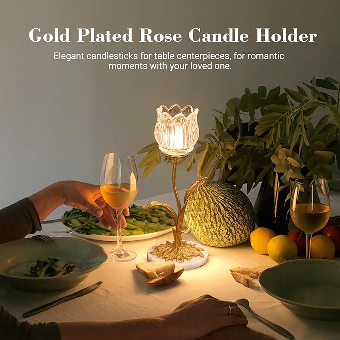Candle Holder, Cut Rose Shaped Brass Candle Holder High-end Light Luxury Creative Art Crystal Glass Flower Candle Sticks Holder Decor Marble Disc Base Romantic Ambiance Table Decoration