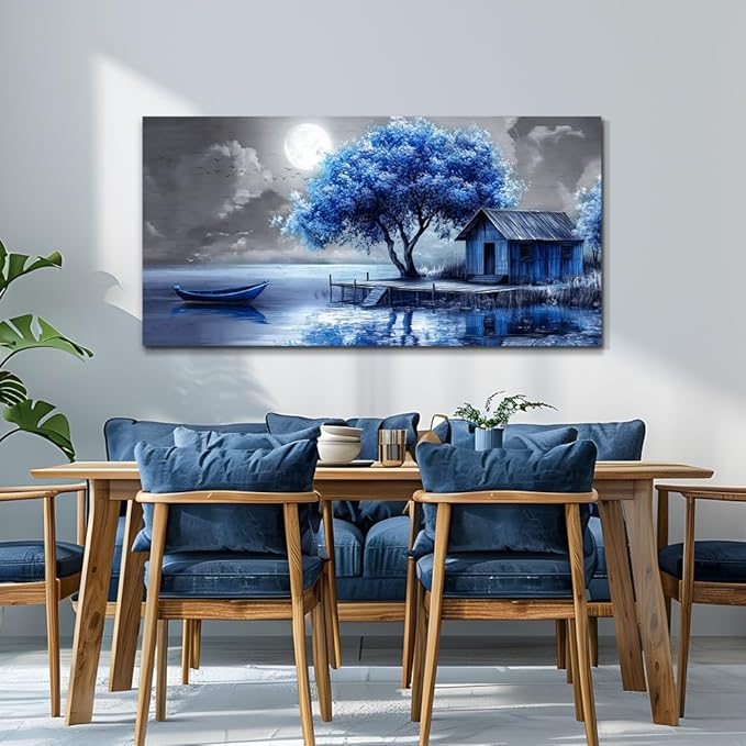 QIYILEXWART Large Wall Decor For Living Room Canvas Wall Art For Office Modern Wall Decorations For Bedroom Blue Tree Landscape Painting Abstract Pictures Artwork Room Home Decor 24x48 In
