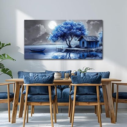 QIYILEXWART Large Wall Decor For Living Room Canvas Wall Art For Office Modern Wall Decorations For Bedroom Blue Tree Landscape Painting Abstract Pictures Artwork Room Home Decor 24x48 In