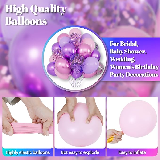 KAWKALSH Pink and Purple Balloons, 68PCS 12 Inch Metallic Purple Pink Confetti Latex Balloons with Ribbon, Party Balloons for Girls Birthday Baby Shower Wedding Party Decorations