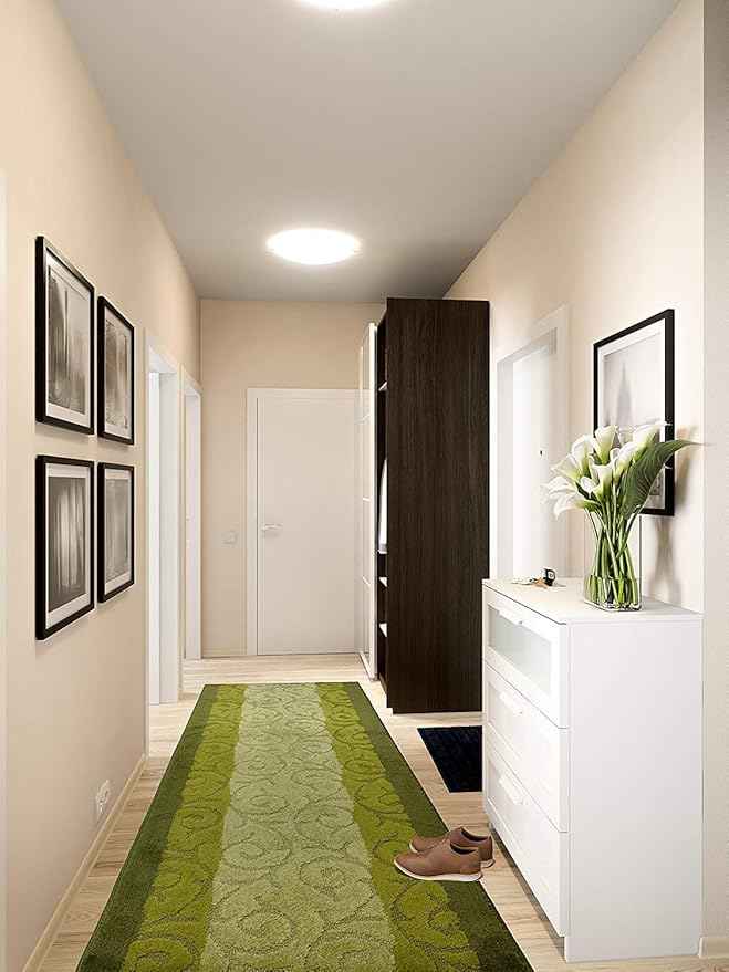 Custom Cut Hallway Runner Rug, Slip Resistant, 31 Inch Wide X Your Choice of Length, Scroll Green, 31 Inch X 26 feet