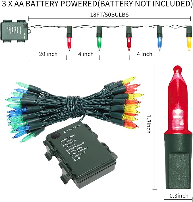 50LED Mini Lights,Green Wire,Waterproof Battery Case,Multi Functions,Timer,Multi