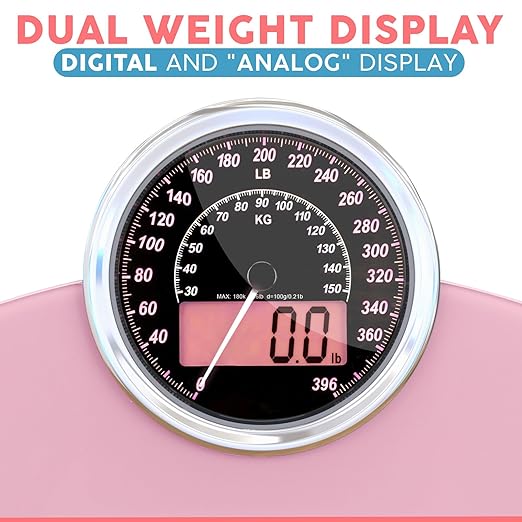 Adamson Hybrid 2-in-1 Analog & Digital Weighing Scale for Body Weight up to 400lbs - Thick Tempered Glass - Extra Large Display - Easy to Read Digital Bathroom Scale - New - Pink