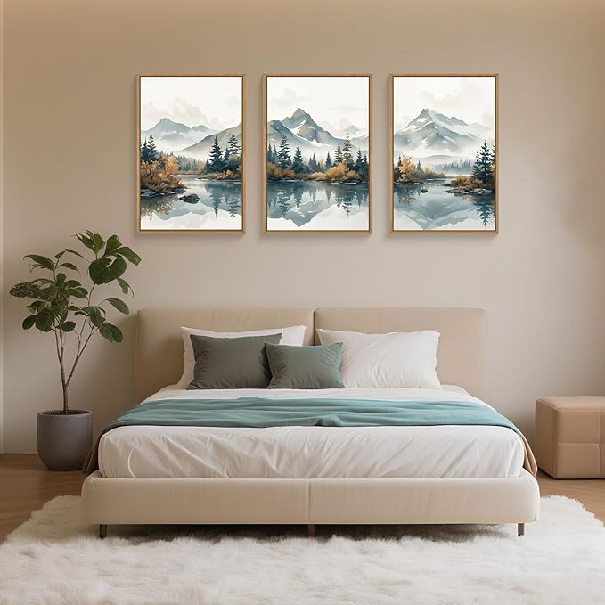 HLNIUC White Foggy Forest Mountain Wall Art Framed,Large Misty Watercolor Pine Tree Wall Decor set of 3 (24"x36"), Nature Lake Landscape Canvas Painting for Living Room, Bedroom, Office