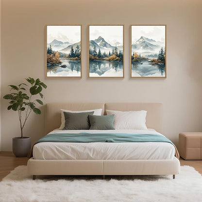HLNIUC White Foggy Forest Mountain Wall Art Framed,Large Misty Watercolor Pine Tree Wall Decor set of 3 (24"x36"), Nature Lake Landscape Canvas Painting for Living Room, Bedroom, Office