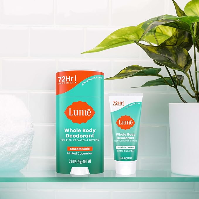 Lume Whole Body Deodorant - Invisible Cream Tube Mini and Solid Stick - 72 Hour Odor Control - Aluminum Free, Baking Soda Free, Skin Safe - 0.5 Oz Mini Tube + 2.6 Oz Solid Stick (Minted Cucumber)